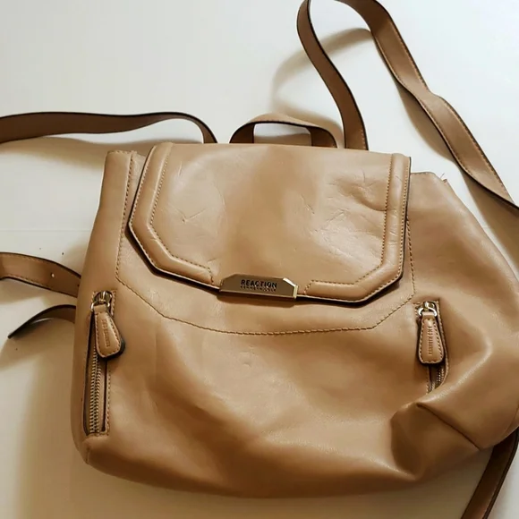 Kenneth Cole Reaction tan faux leather backpack Kenneth Cole Reaction backpack with attached smaller... | Depop main image 4
